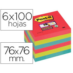 Taco de notas Post-it Super Sticky de 76 x 76 mm. colores Bora Bora (6 tacos)